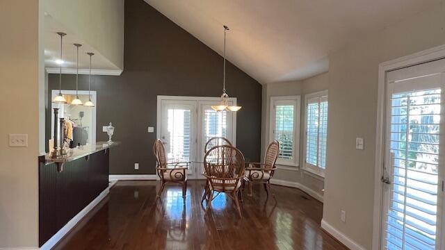 dining space featuring dark wood-style flooring, baseboards, and high vaulted ceiling