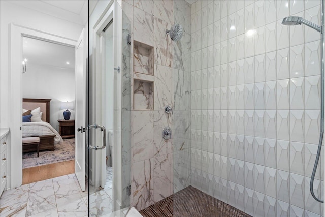 full bath featuring a shower stall, ensuite bathroom, and marble finish floor