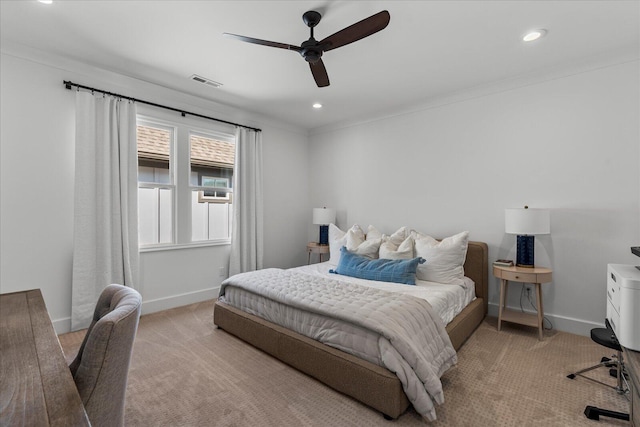 bedroom with light carpet, baseboards, visible vents, and recessed lighting