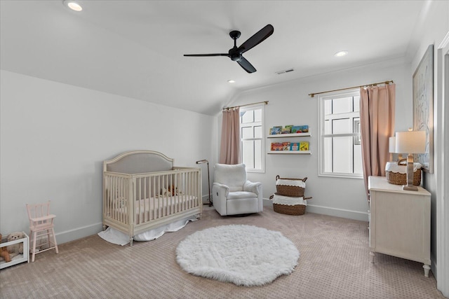 bedroom with recessed lighting, carpet flooring, baseboards, and vaulted ceiling