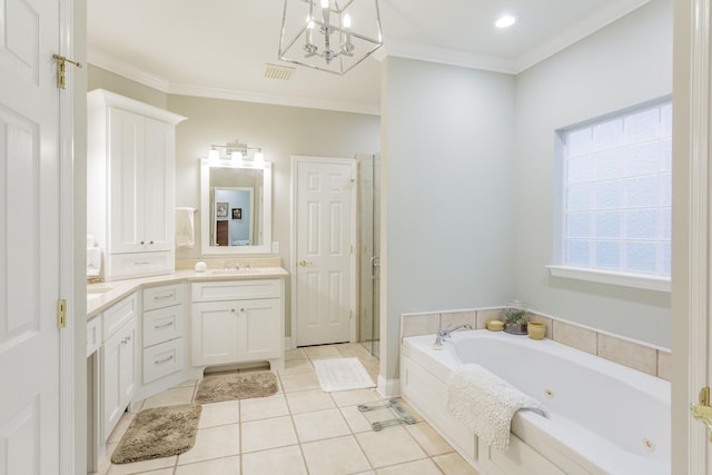 full bath featuring visible vents, vanity, a tub with jets, tile patterned floors, and a shower stall