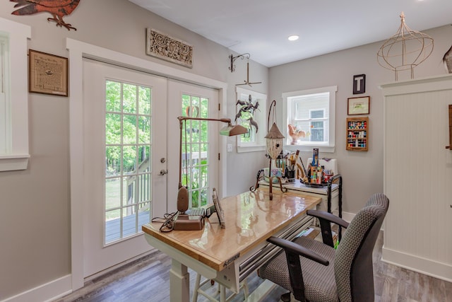 office space with a healthy amount of sunlight, french doors, and wood finished floors