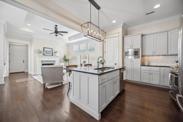 kitchen with a sink, a tray ceiling, dark wood-style floors, stainless steel appliances, and crown molding