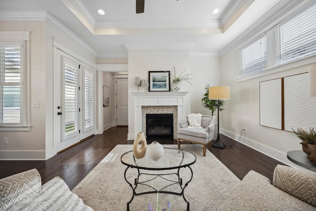 living room featuring a tray ceiling, plenty of natural light, and dark wood-style floors
