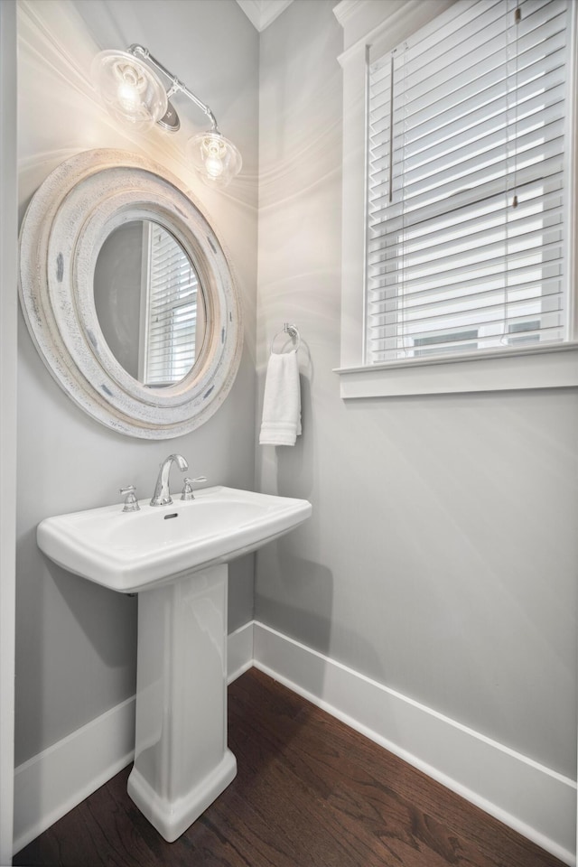 bathroom with a sink, a wealth of natural light, baseboards, and wood finished floors