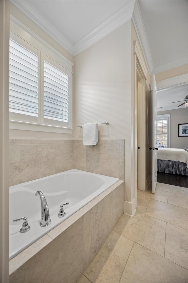 bathroom featuring connected bathroom, a garden tub, and crown molding