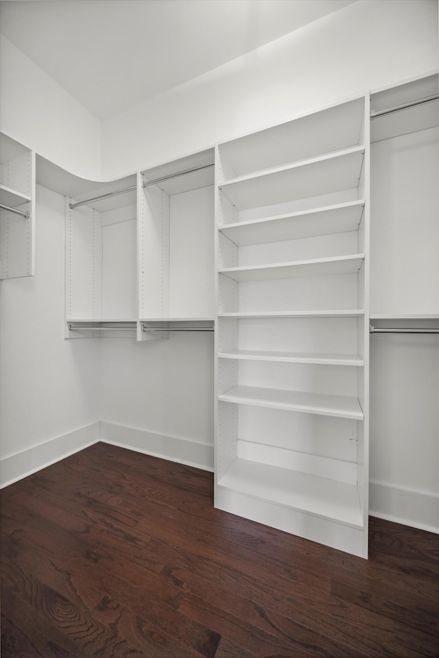 walk in closet with dark wood-style floors