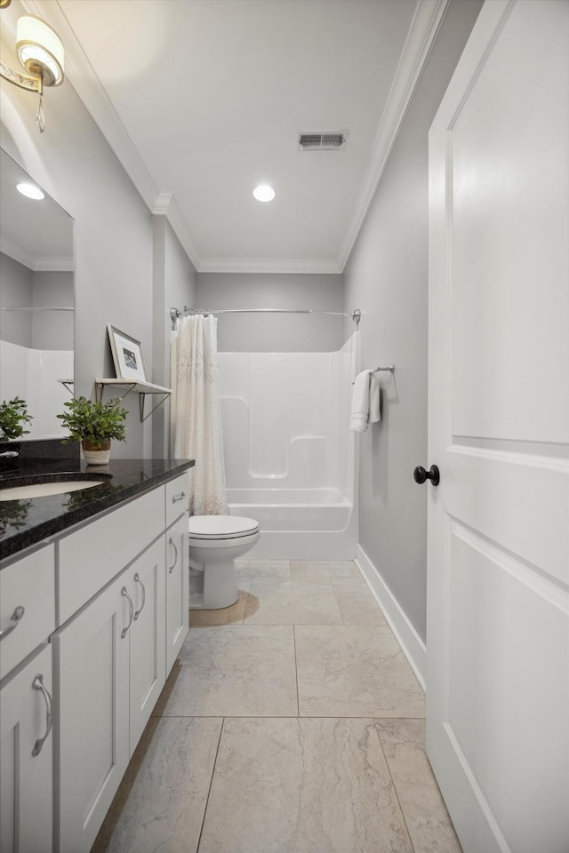 bathroom featuring visible vents, crown molding, toilet, shower / tub combo, and vanity