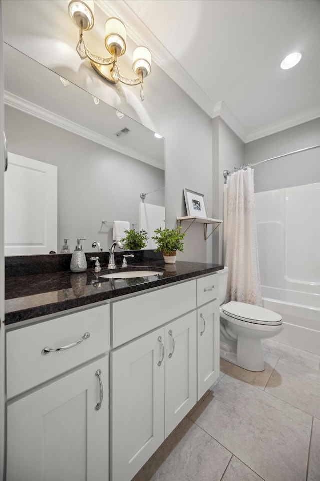 bathroom featuring vanity, visible vents, ornamental molding, shower / bath combination with curtain, and toilet
