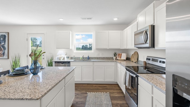 kitchen featuring visible vents, a sink, dark wood-style floors, stainless steel appliances, and white cabinets