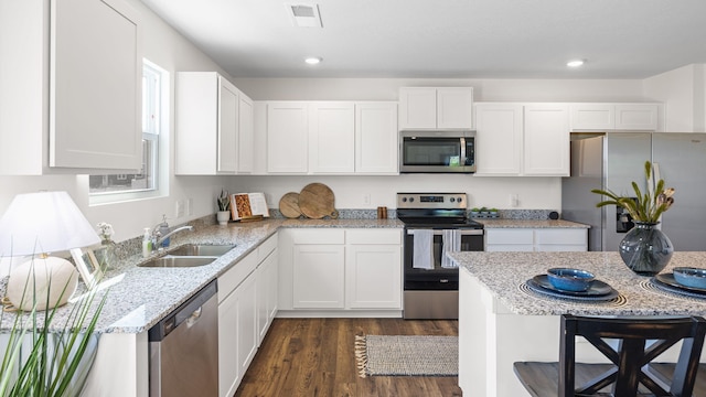 kitchen with white cabinetry, visible vents, appliances with stainless steel finishes, and a sink