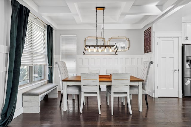 dining space featuring coffered ceiling, a healthy amount of sunlight, wainscoting, and a chandelier