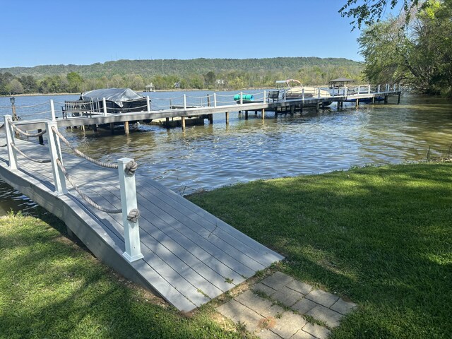 dock area with a water view, a view of trees, and a lawn