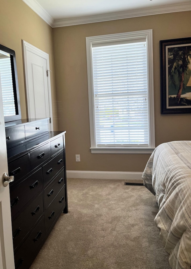 1760 Holden Farm Pl, Ooltewah, TN 37363 - bedroom with visible vents, light colored carpet, baseboards, and ornamental molding