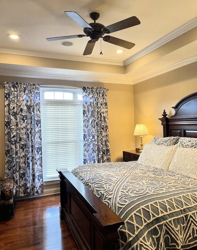 1760 Holden Farm Pl, Ooltewah, TN 37363 - bedroom with dark wood-type flooring, ceiling fan, ornamental molding, recessed lighting, and a raised ceiling