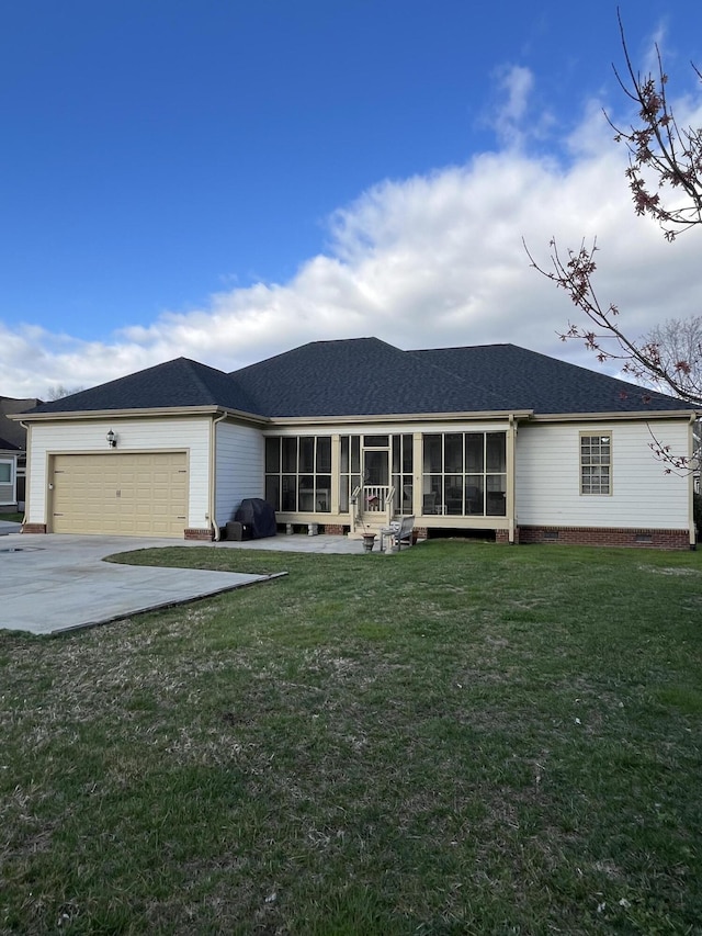 1760 Holden Farm Pl, Ooltewah, TN 37363 - view of front facade with a front yard, roof with shingles, an attached garage, a sunroom, and concrete driveway