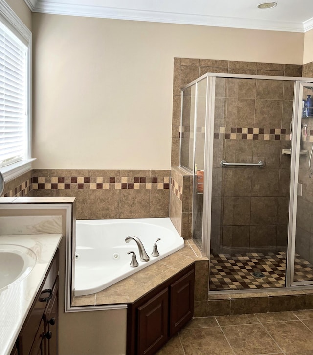 1760 Holden Farm Pl, Ooltewah, TN 37363 - full bathroom with a shower stall, tile patterned floors, a whirlpool tub, and ornamental molding
