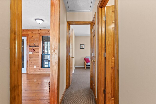 2345 County Rd 865, Gaylesville, AL 35973 - hall featuring baseboards, wood-type flooring, a textured ceiling, and wood walls