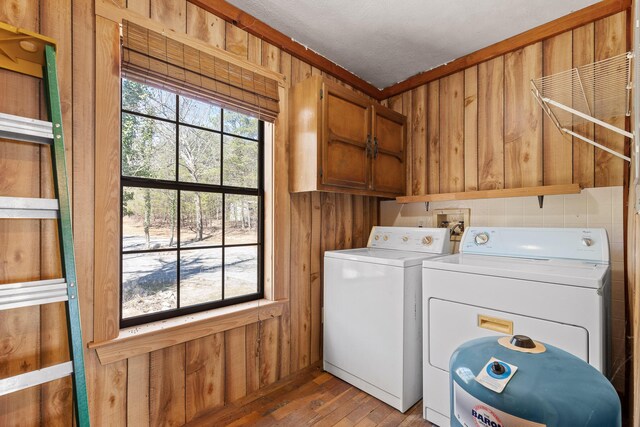 2345 County Rd 865, Gaylesville, AL 35973 - laundry room with cabinet space, light wood-style floors, wood walls, and washer and clothes dryer