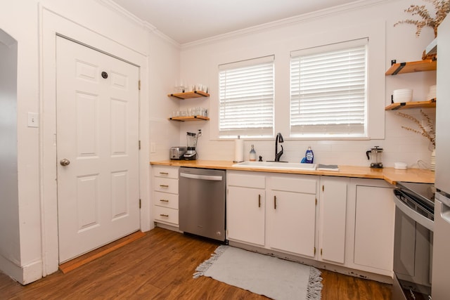 kitchen featuring range with electric cooktop, a sink, open shelves, and dishwasher