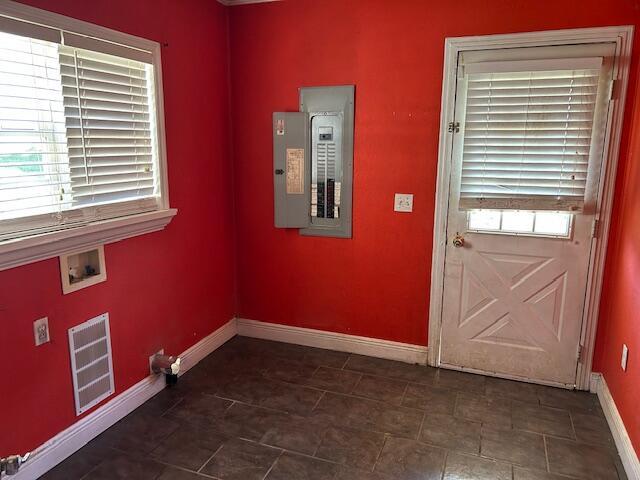laundry area featuring hookup for a washing machine, baseboards, visible vents, laundry area, and electric panel