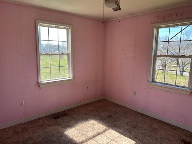 spare room with visible vents, carpet floors, plenty of natural light, and baseboards