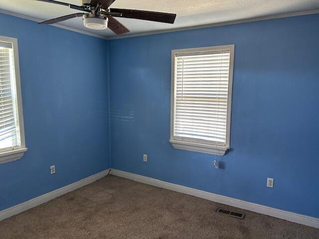 carpeted spare room with crown molding, a ceiling fan, visible vents, and baseboards