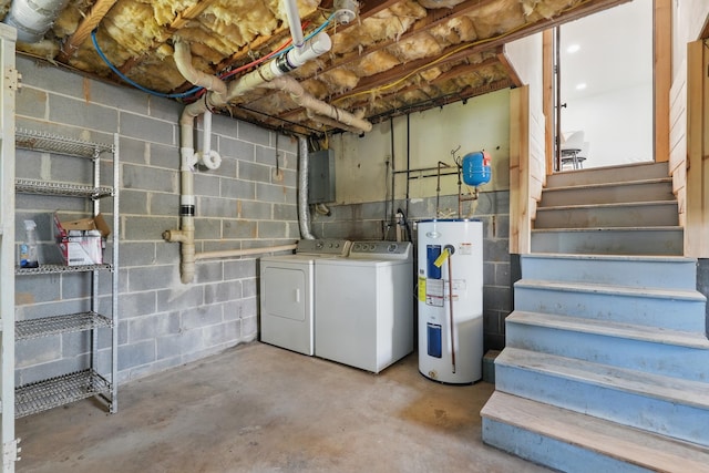 unfinished below grade area with electric panel, stairs, concrete block wall, water heater, and washer and clothes dryer