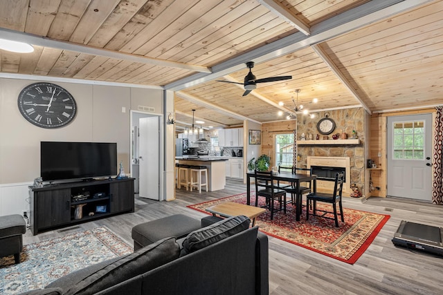 105 Massingale Rd, Tellico Plains, TN 37385 - living room featuring beamed ceiling, a ceiling fan, wooden ceiling, and light wood-type flooring