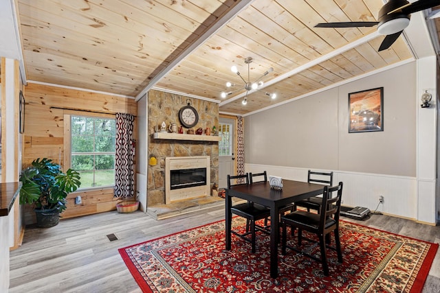105 Massingale Rd, Tellico Plains, TN 37385 - dining space with ornamental molding, ceiling fan, wood finished floors, and wood ceiling