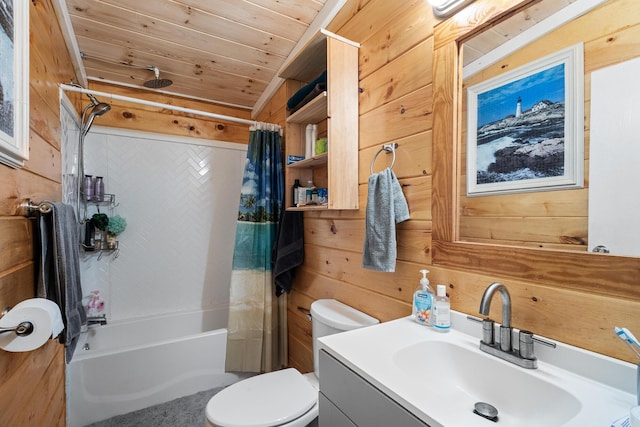 105 Massingale Rd, Tellico Plains, TN 37385 - bathroom featuring wood ceiling, wooden walls, toilet, and shower / bath combination with curtain