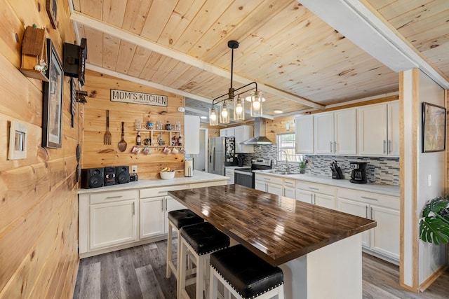 105 Massingale Rd, Tellico Plains, TN 37385 - kitchen featuring wood finished floors, wall chimney exhaust hood, appliances with stainless steel finishes, and wood ceiling