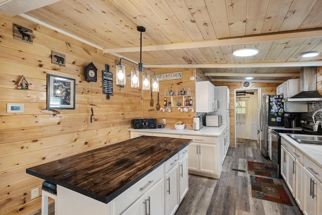 105 Massingale Rd, Tellico Plains, TN 37385 - kitchen featuring wood counters, white cabinetry, wall chimney range hood, wood ceiling, and dark wood finished floors