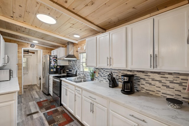 105 Massingale Rd, Tellico Plains, TN 37385 - kitchen featuring decorative backsplash, wall chimney exhaust hood, wood ceiling, appliances with stainless steel finishes, and wood finished floors