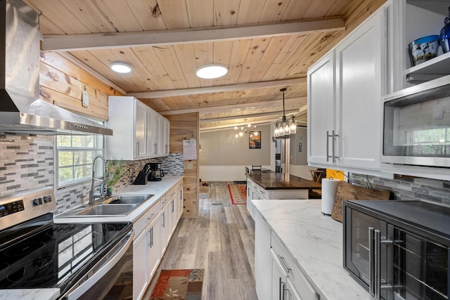 105 Massingale Rd, Tellico Plains, TN 37385 - kitchen with appliances with stainless steel finishes, white cabinets, backsplash, a sink, and wall chimney exhaust hood