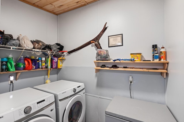 105 Massingale Rd, Tellico Plains, TN 37385 - laundry room with wood ceiling, laundry area, and washing machine and dryer