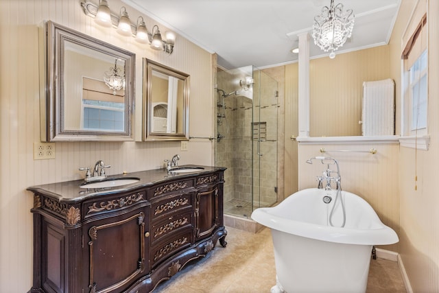 7004 Lystra Rd, Harrison, TN 37341 - full bathroom featuring a shower stall, tile patterned flooring, crown molding, a freestanding bath, and double vanity