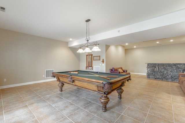 rec room featuring tile patterned flooring, visible vents, and recessed lighting