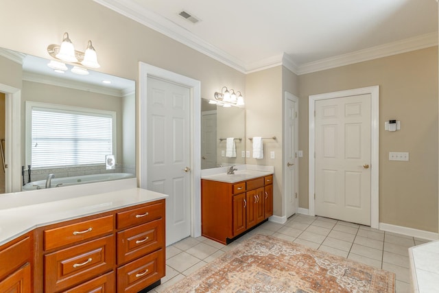 bathroom with tile patterned floors, an inviting chandelier, visible vents, vanity, and crown molding