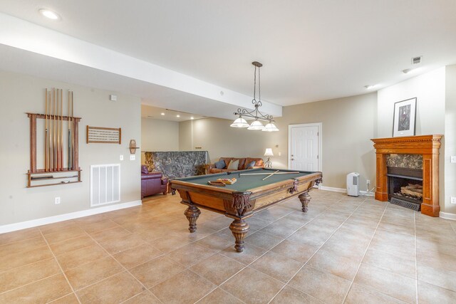 game room with a fireplace, visible vents, billiards, and light tile patterned floors