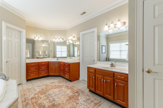 full bathroom featuring tile patterned floors, visible vents, ornamental molding, a sink, and two vanities
