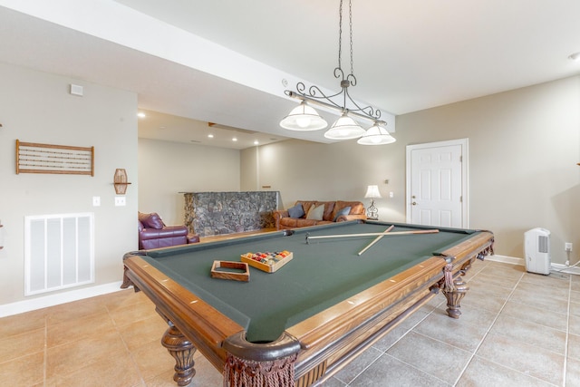 game room featuring baseboards, visible vents, billiards, and light tile patterned flooring