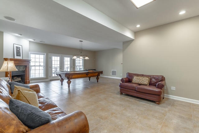game room featuring recessed lighting, visible vents, light tile patterned flooring, pool table, and baseboards