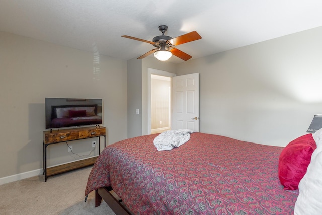 bedroom with baseboards, carpet flooring, and ceiling fan