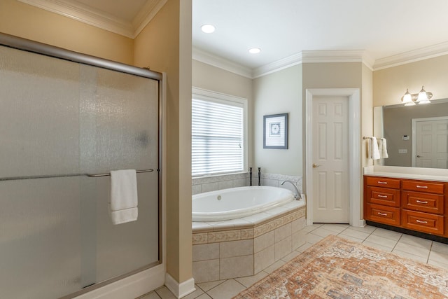 full bath with tile patterned flooring, vanity, ornamental molding, a bath, and a stall shower