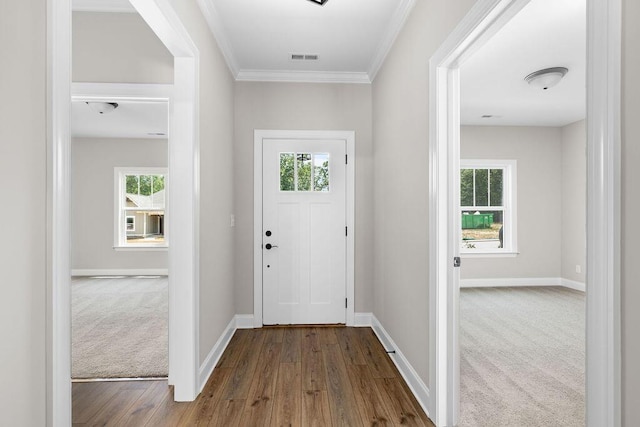 11819 Herons Haven Dr # 102, Soddy Daisy, TN 37379 - entryway with plenty of natural light, crown molding, baseboards, and dark carpet