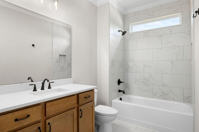 11819 Herons Haven Dr # 102, Soddy Daisy, TN 37379 - full bathroom featuring crown molding, toilet, vanity, shower / bathtub combination, and marble look tile flooring