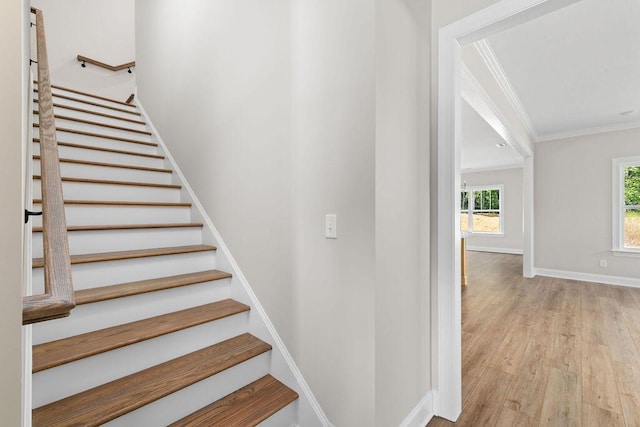 11819 Herons Haven Dr # 102, Soddy Daisy, TN 37379 - stairway featuring crown molding, wood finished floors, and baseboards