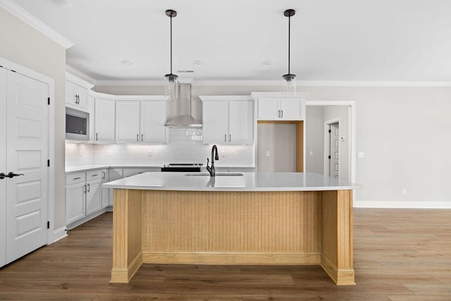 11819 Herons Haven Dr # 102, Soddy Daisy, TN 37379 - kitchen featuring wall chimney exhaust hood, stainless steel appliances, a sink, decorative backsplash, and a kitchen island with sink