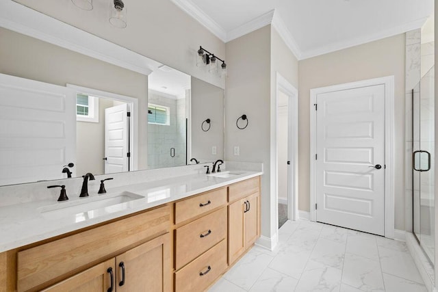 11819 Herons Haven Dr # 102, Soddy Daisy, TN 37379 - full bath featuring marble look tile flooring, double vanity, a shower stall, crown molding, and baseboards